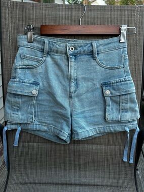 Tractr Light Blue Denim Cargo Shorts with Drawstring Hems